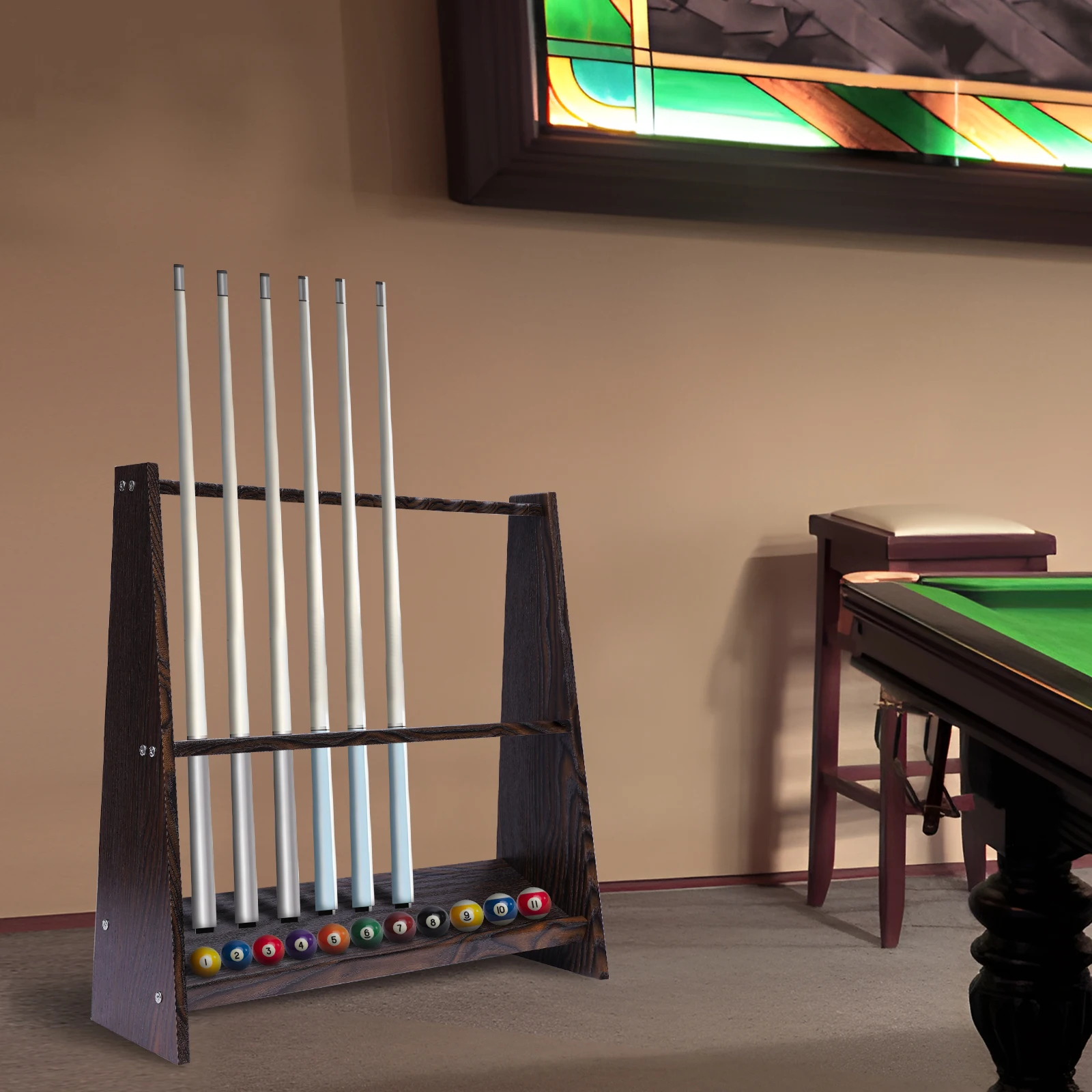 10 Pool Stick Holder Floor Stand - Wood Cue Rack for Billiard Room or Club