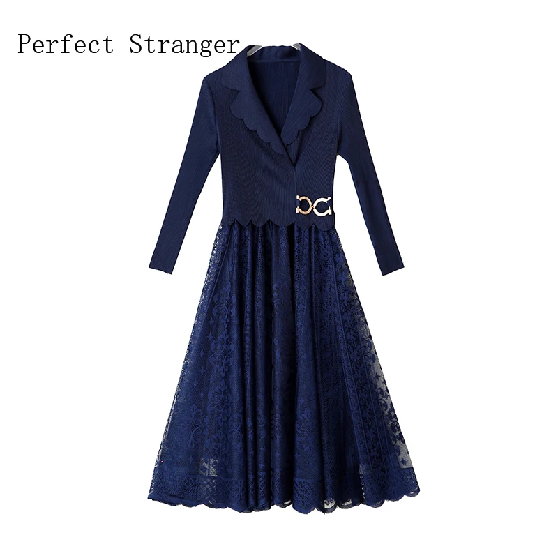 2024 Sanzhai Vestidos Spring New Miyake Pleated Elastic Women Waist Slim High Waist A-line Large Hem Suit Neck Lace LongDress