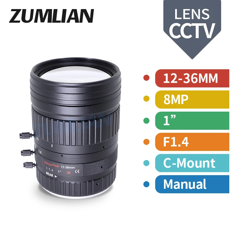 

ZUMLIAN 12-36mm Varifocal Lens CCTV 1'' Large Aperture F1.4 Manual Iris IR C-Mount 8MP for Video Surveillance Security Camera