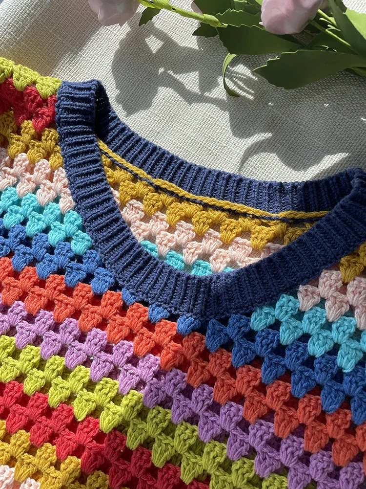 Handmade Rainbow Color Stripe Vest Women Summer Sleeveless Hollow Out Crochet Knitted Fashion Tops