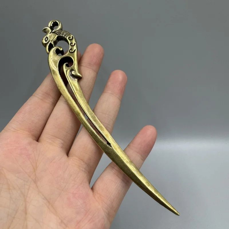 Antique Collectible Copper Phoenix Head Ornament, Brass Hairpin, Ancient Style Decoration