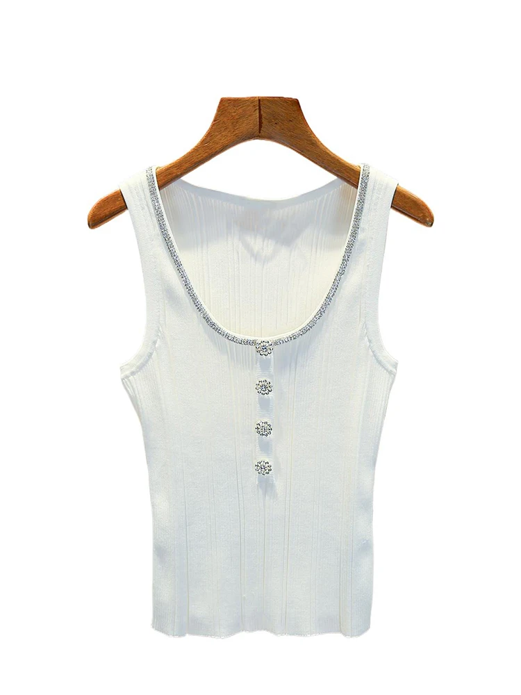 Funkelndes, mit Diamanten verziertes, schmal geschnittenes U-Ne-Strickwesten-Top für Damen, Sommer, Faion, High-End, lässig, Pendeln, Swe