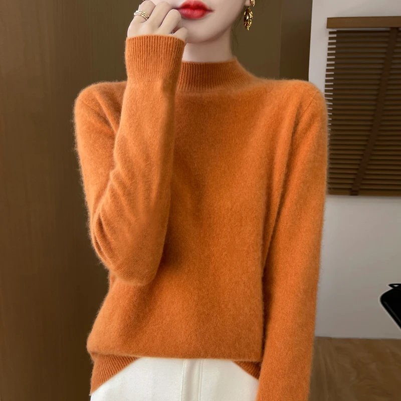 Women\'s Cashmere Knitted Sweater 100% Merino Wool Half High Collar Long Sleeve Pullover Elegant Warm and Unique Top High Quality