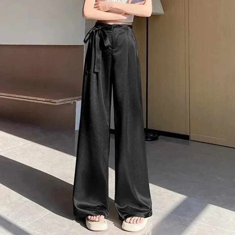 Women Summer Trousers Lace Up High Waist Loose Pants Satin Wide Leg Pants Straight All-match Casual Ladies Suit Pants