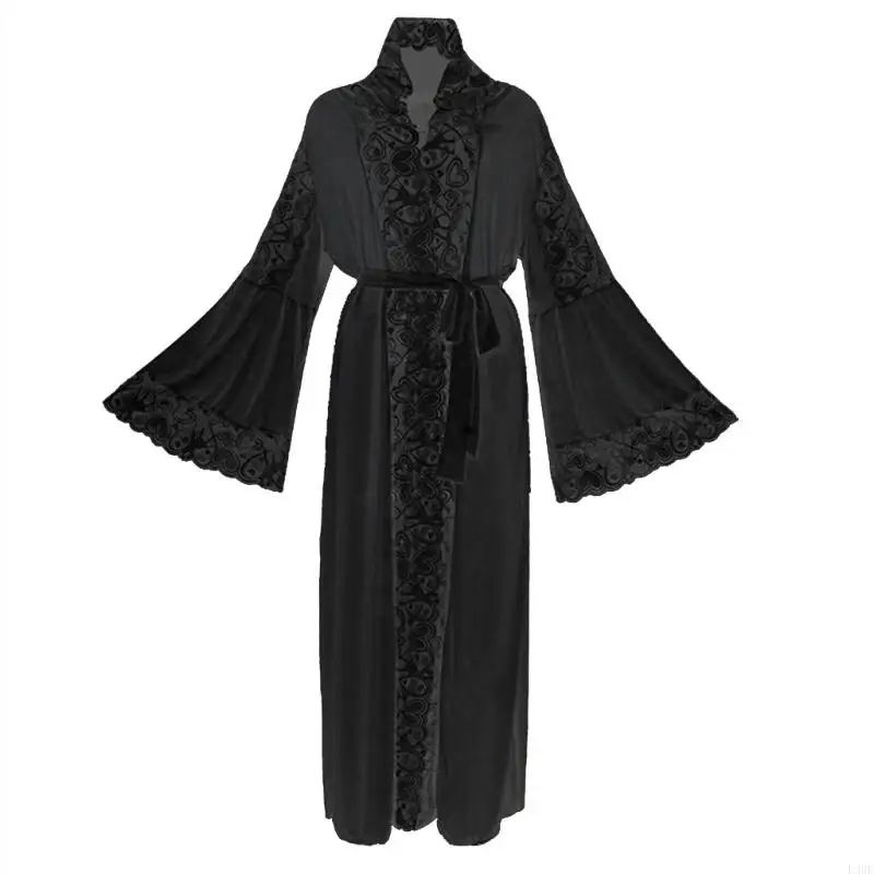 L38E Women's Lightweight Mesh Hooded Bathrobe Featuring Elegant Lace Trim Breathable for Daily Night and Home Relaxation