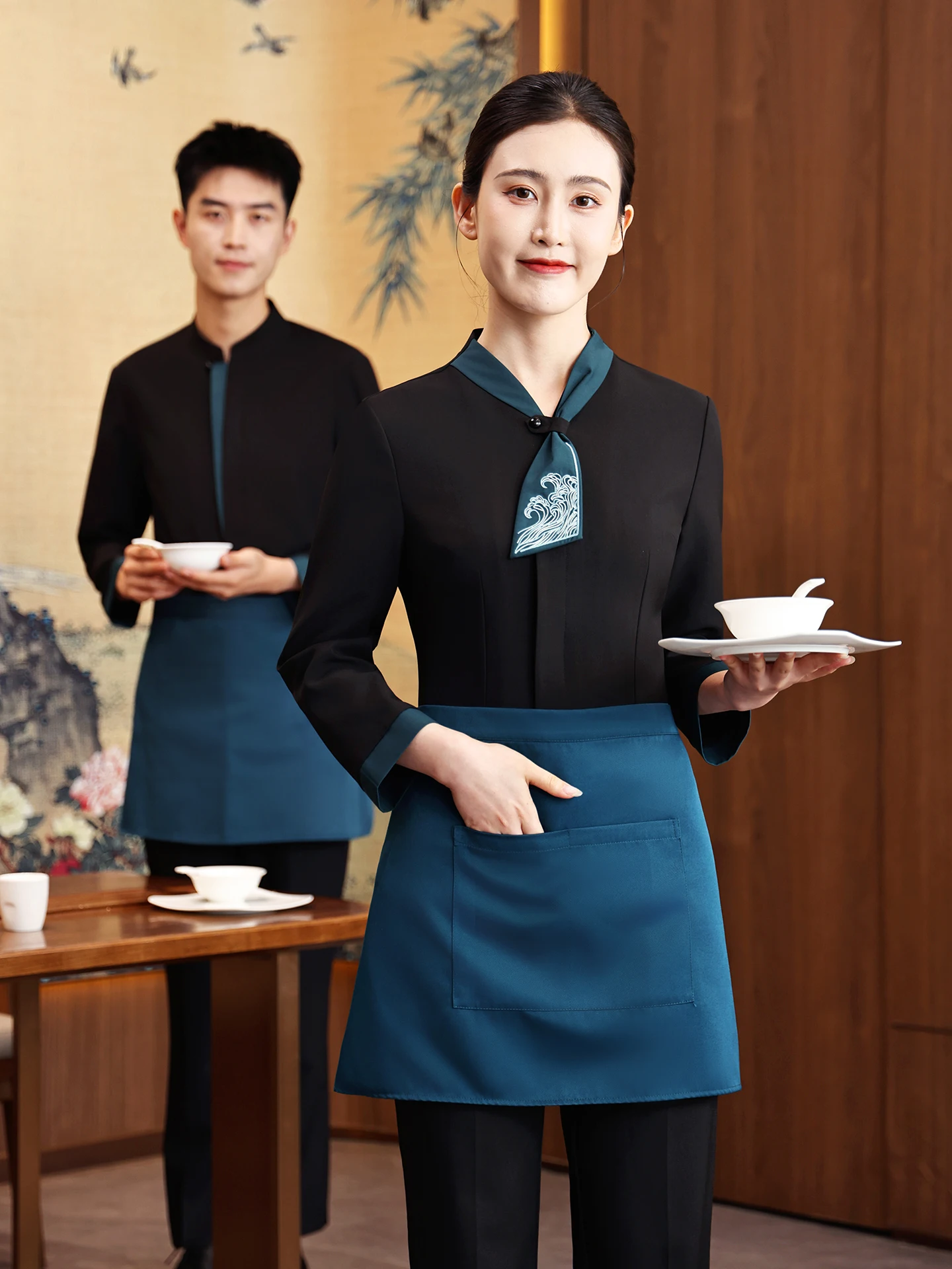 2025 Long Sleeve Chinese Style Restaurant Work Uniform Women Luxury Hotel Waitress Outfit Elegant Cleaning Uniform Server Attire