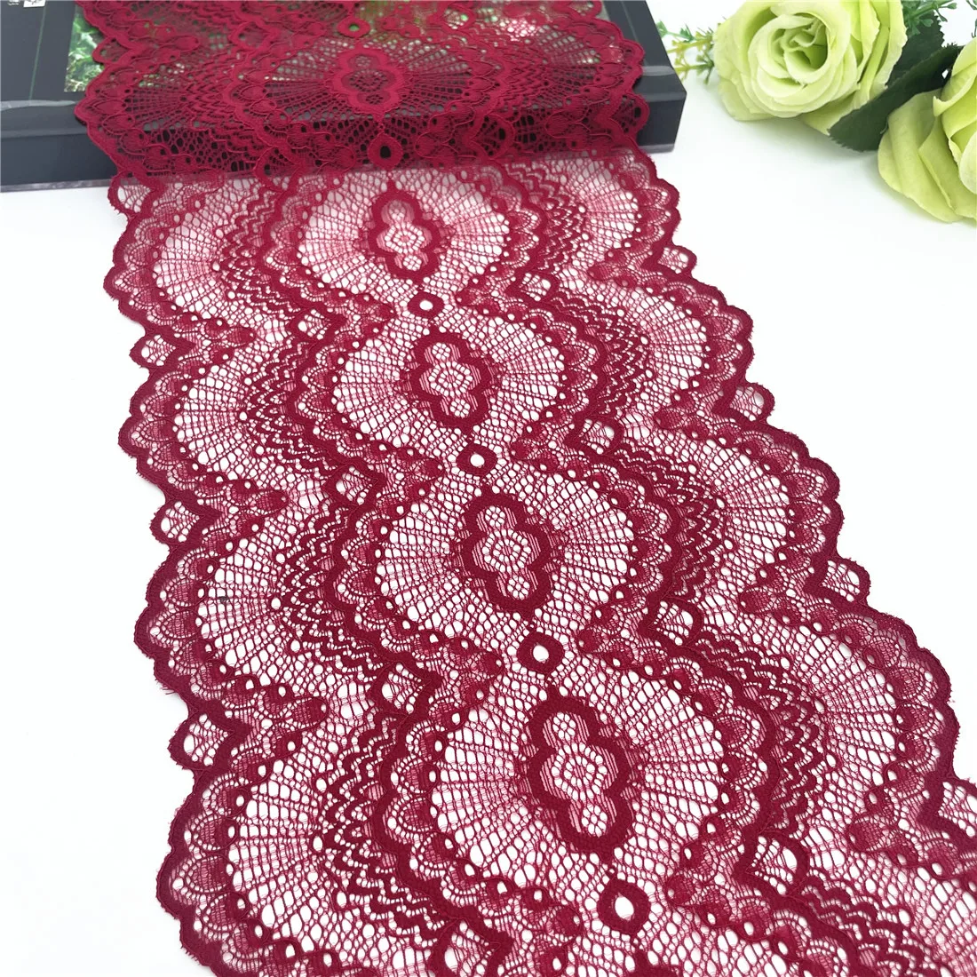 3y/lot Width 20.50cm Dark Red Elastic Stretch Lace Trims For Clothing Accessories Dress Sewing Applique Costume Lace Fabrics