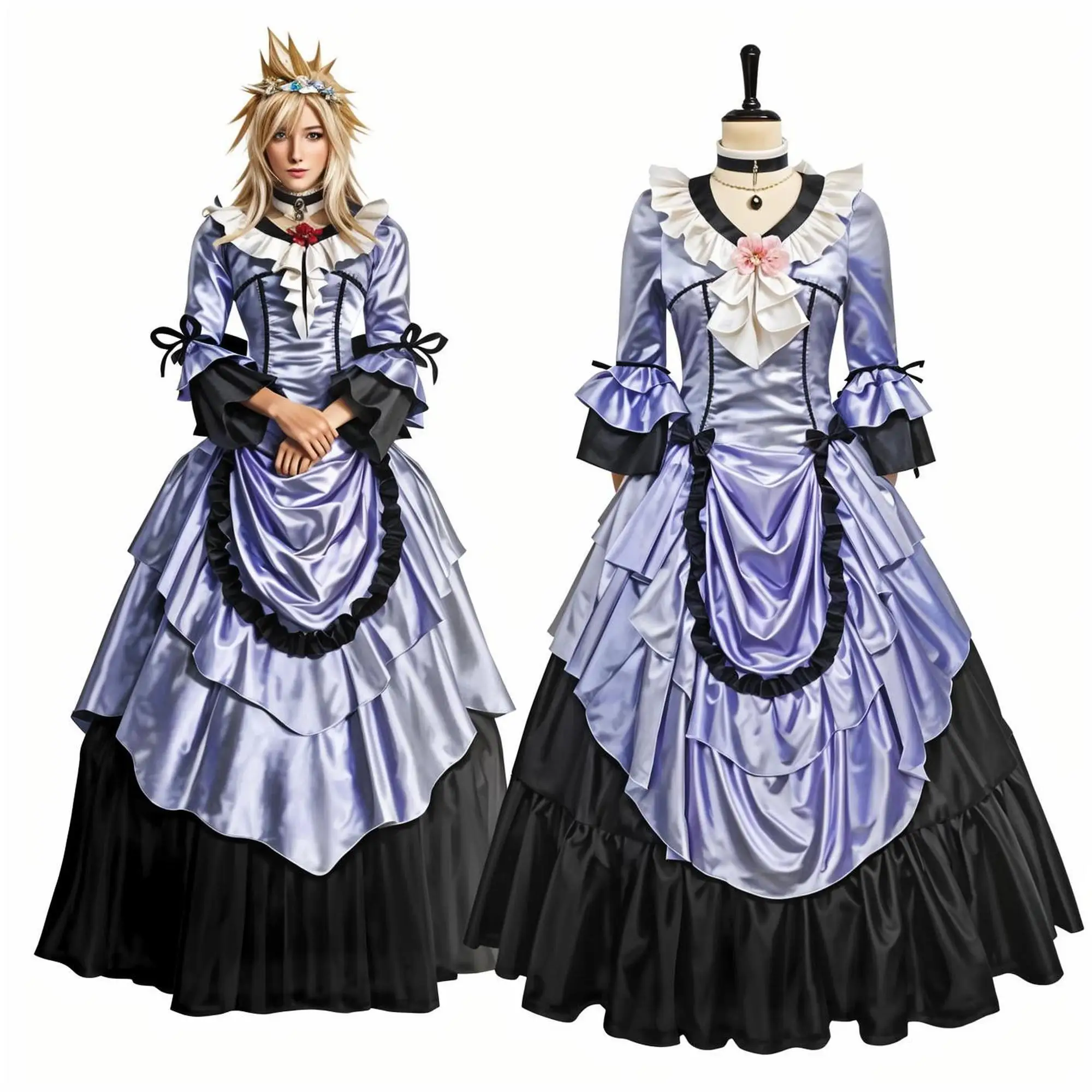 

Fantasy FFVII Remake Cloud Strife Cosplay Costume Women Cloud Strife Blue Dress with Petticoat Halloween Performance Clothing
