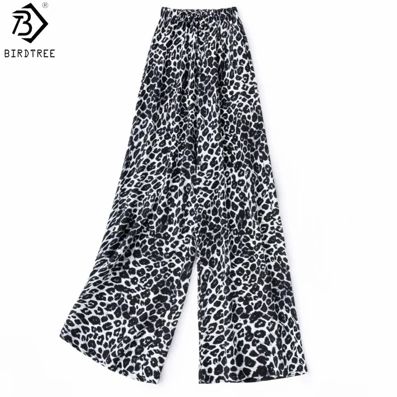 Birdtree, 100% Real Silk Wide Leg Pants, Leopard Print, Women Double Crepe Straight Trousers, Elastic Waist, 2026 New P66616JF