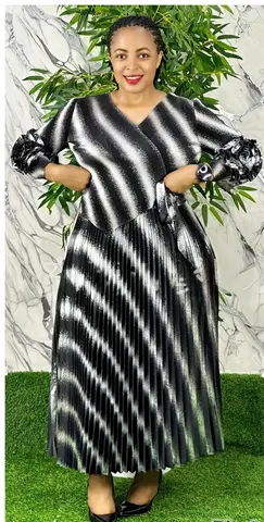Miyake Pleated 새로운 도매 v 넥 긴팔 손으로 크랭크 꽃 브론 징 허리 아프리카 여성 드레스 Miyak