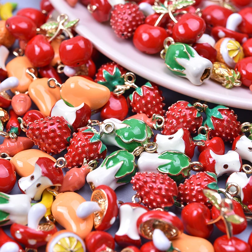 

12pcs/Mix Popular 3D Alloy Material Fruits Vegetables Chili Peppers Mangoes Apples Cherries Oil Drip Pendant Diy Necklace Gift