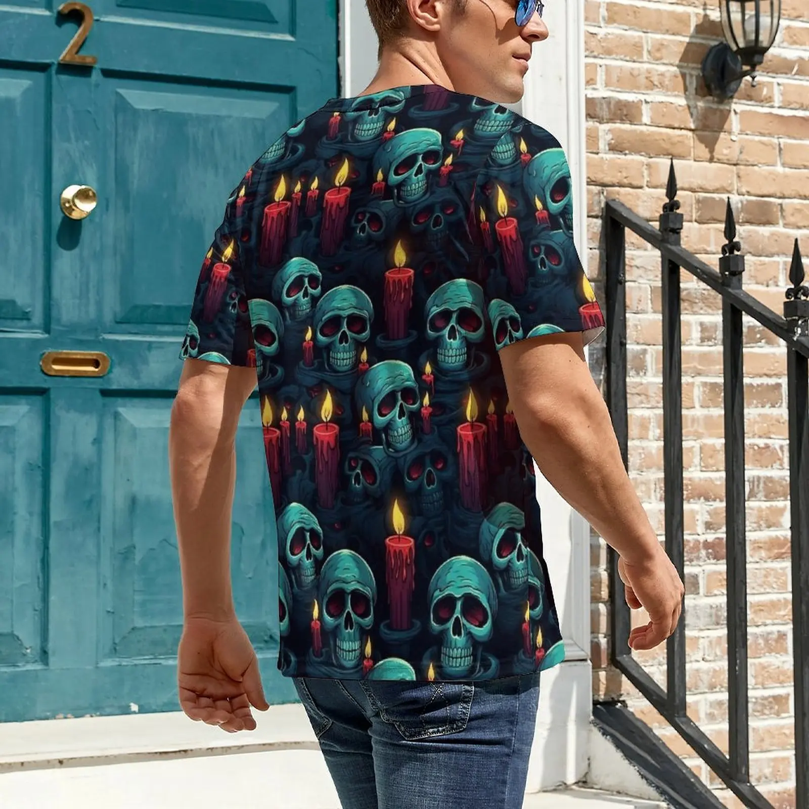 Summer T Shirt Halloween Skull And Candles T Shirts  Kawaii Fashion Tees For Mens Short-Sleeved Custom Plus Size Tops