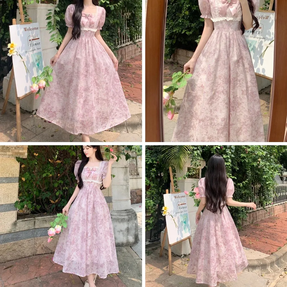 

Vintage Victorian Style Summer Dress for Women, Pink Print Puff Sleeve Bow Princess Fairy Dress (Character Count: 78)