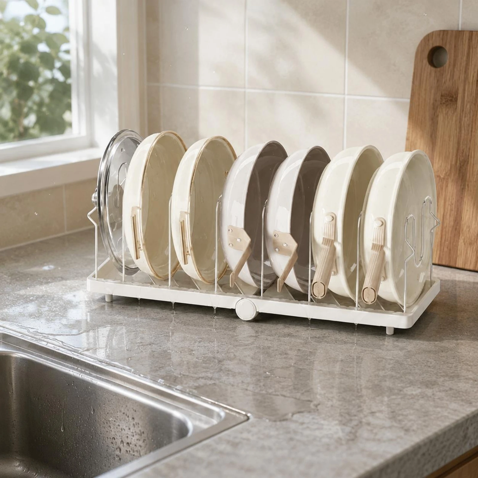 Foldable Cookware Rack Wire Dividers Expandable Divider Rack Adjustable Pan Organizer Coated Finish Pan Lid Holder Space-Saving
