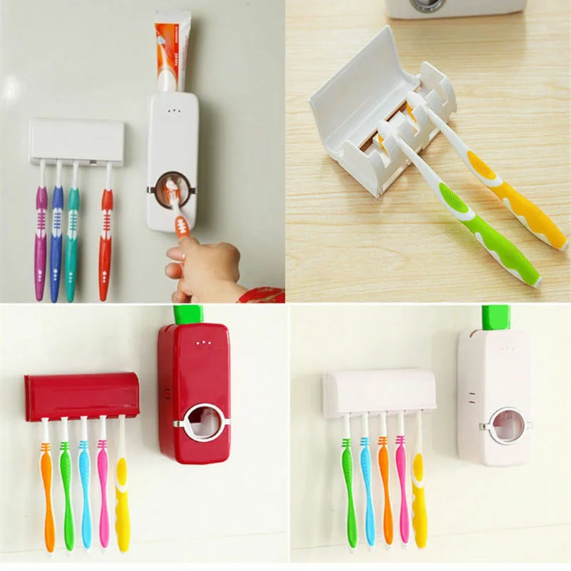 Automatic Toothpaste Dispenser 5 Toothbrush Holder Set Wall Mount Stand Bathroom