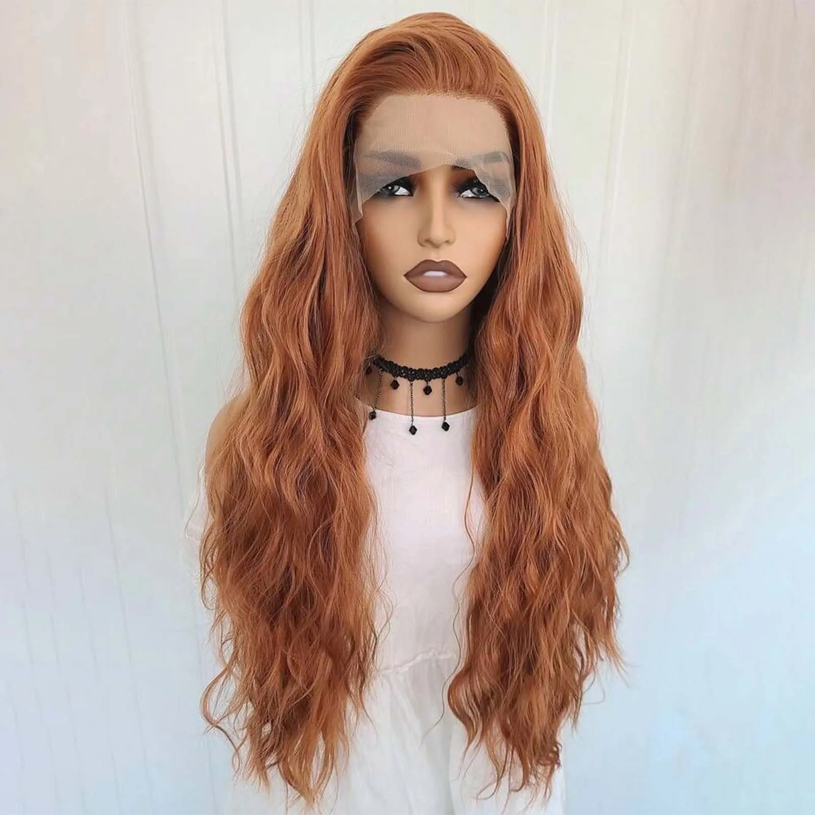 13X4 Ginger Orange Long Curly Synthetic Lace Front Wig Natural Wavy Auburn Brown Colored Hair Lace Frontal Wig for Women Party