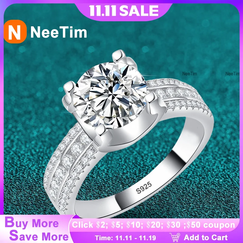 

NeeTim 2ct 3ct 5ct D VVS1 Moissanite Wedding Ring For Women 925 Sterling Silver Band Lab Diamond Bands Engagement Rings