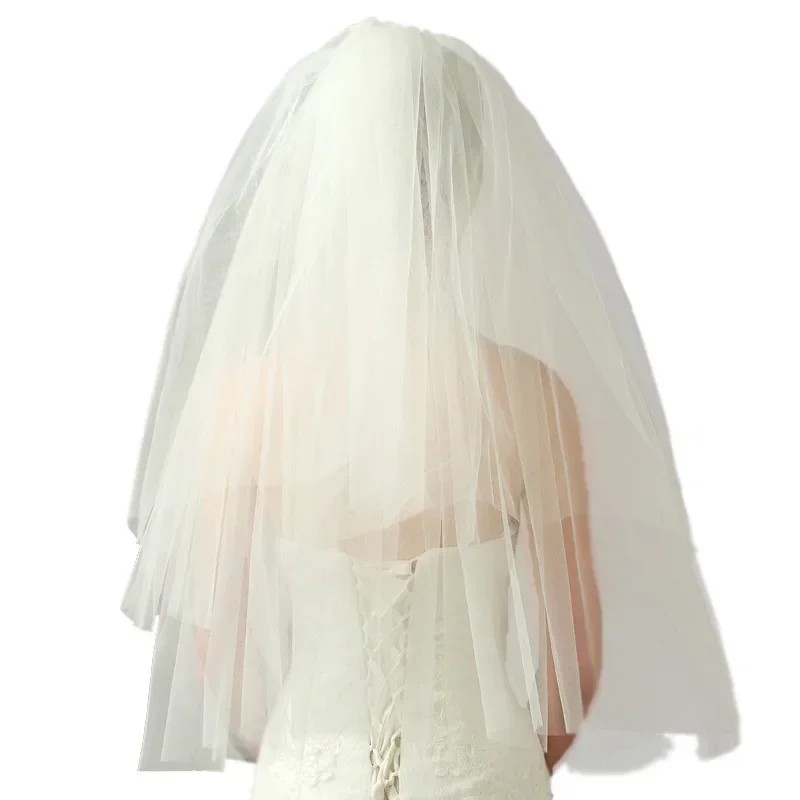 Women White Bridal Veils With Comb Two Layers Tulle Short Ivory Bride Veil Cut Edge Wedding Accessories