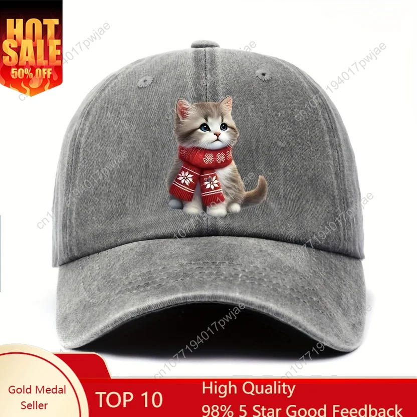 

Cozy Cat Print Baseball Cap - Vintage Washed Hat, Adjustable Curved Brim Sun Hat for Fall & Winter, Kitten Design with Red Scarf