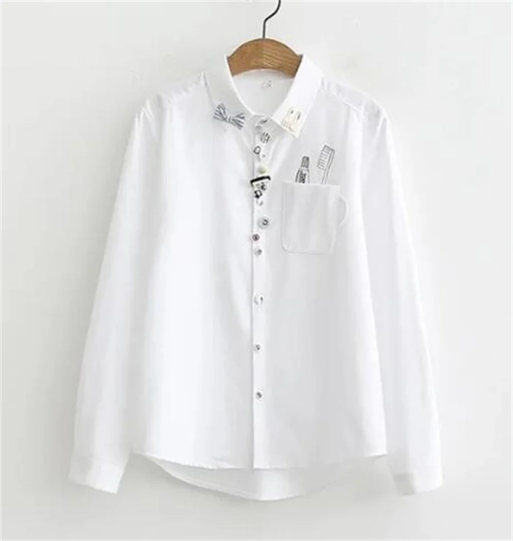 2024 Korean Fashion Autumn Japanese Cotton Blouse Embroidery Blouse Long Sleeve White Shirt Woman Tops