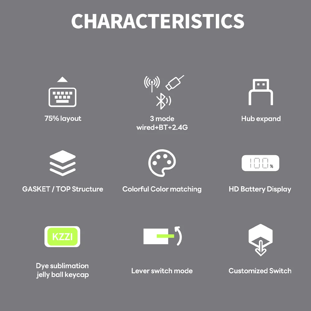 KZZI K75 Gasket Structure Tri-mode Mechanical Keyboard 82 Keys 75% RGB Backlit 2.4G Wireless Bluetooth Gamer Keyboard PBT Keycap