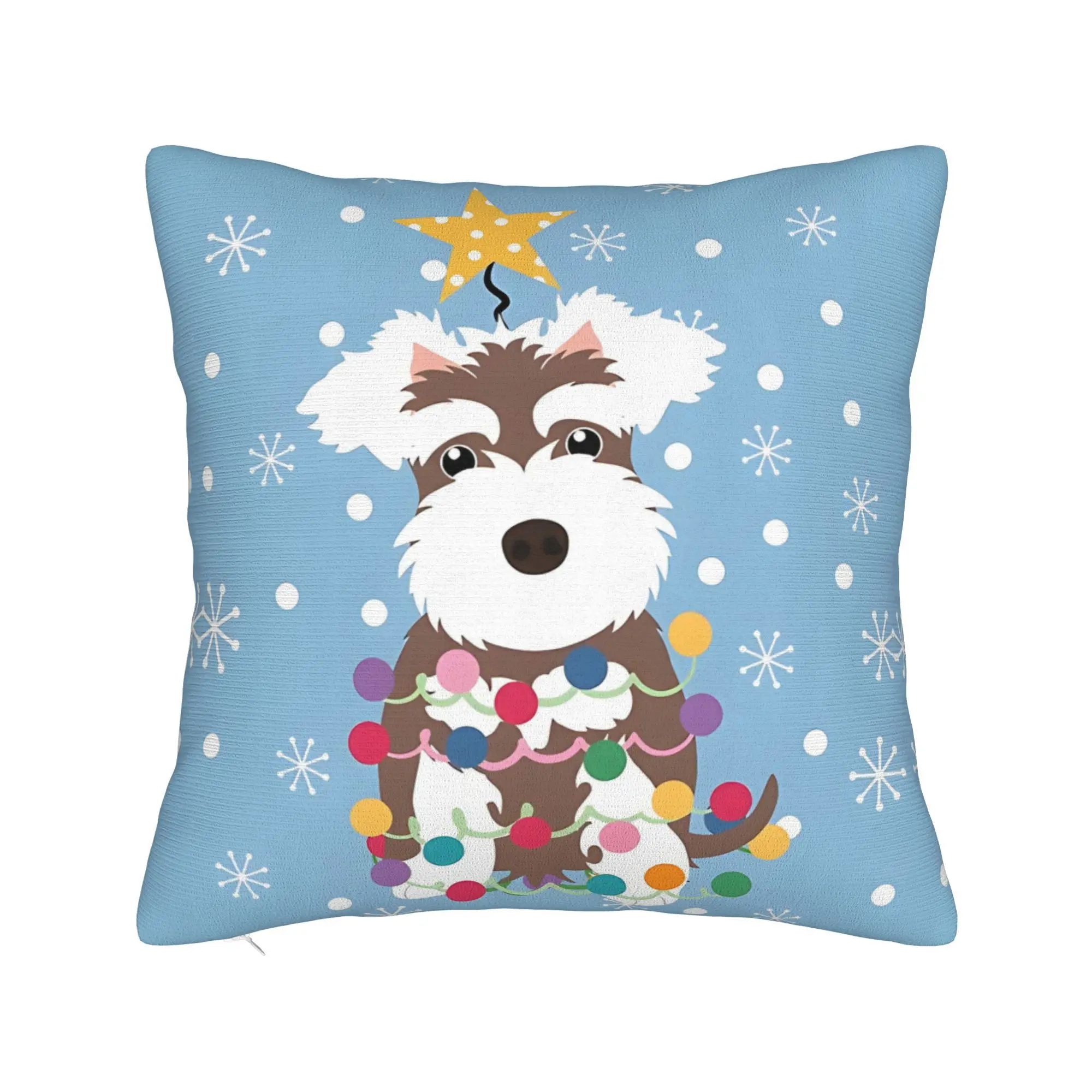 Kawaii Animal Blue Polka Dots and Schnauzer Christmas Tree Hug Pillowcase Backpack Cojines Polyester Woven, Machine Washable