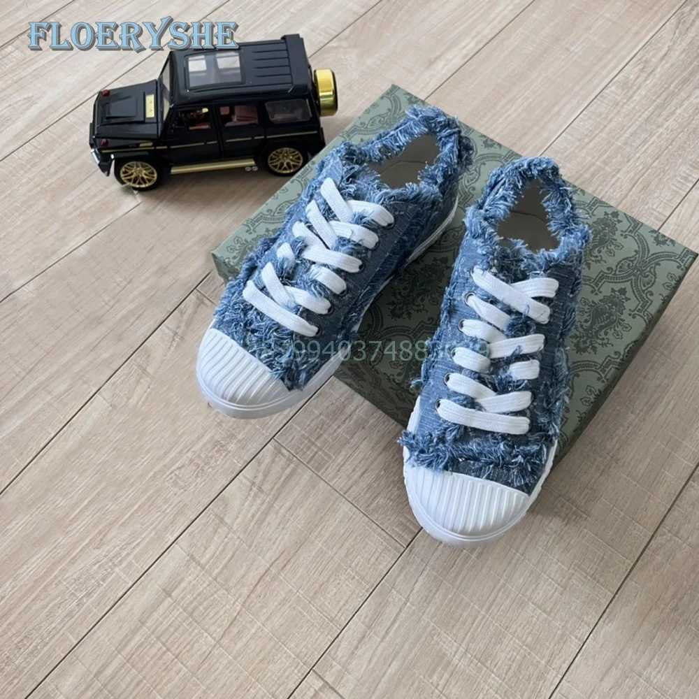 Pelliccia Denim Lace-up Canvas Splicing donna donna scarpe vulcanizzate Street 2024 nuovo arrivo Fltas moda neutra punta tonda quotidiana