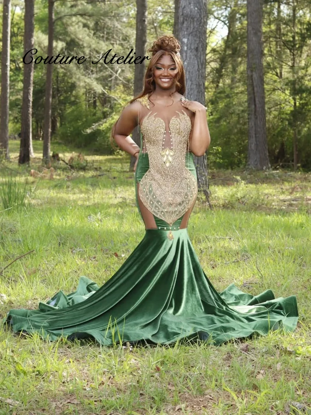 

Customized Green Velvet Rhinestones Mermaid Prom Dress Black Girls Gold Beaded Party Gown Robes De Soirée