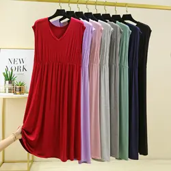 Women's Sleeveless V-Neck Dress Summer Modal Pleated Nightdress Loose Home Clothes Casual Female Nightgowns New Vestido Mujer