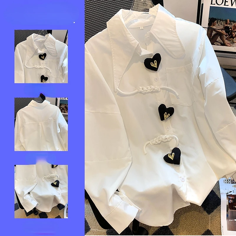 Women's Asymmetrical White Shirt, Heart Button, Loose Elegant Office Lady Outwear Tops, Summer Fashion Design, 2024