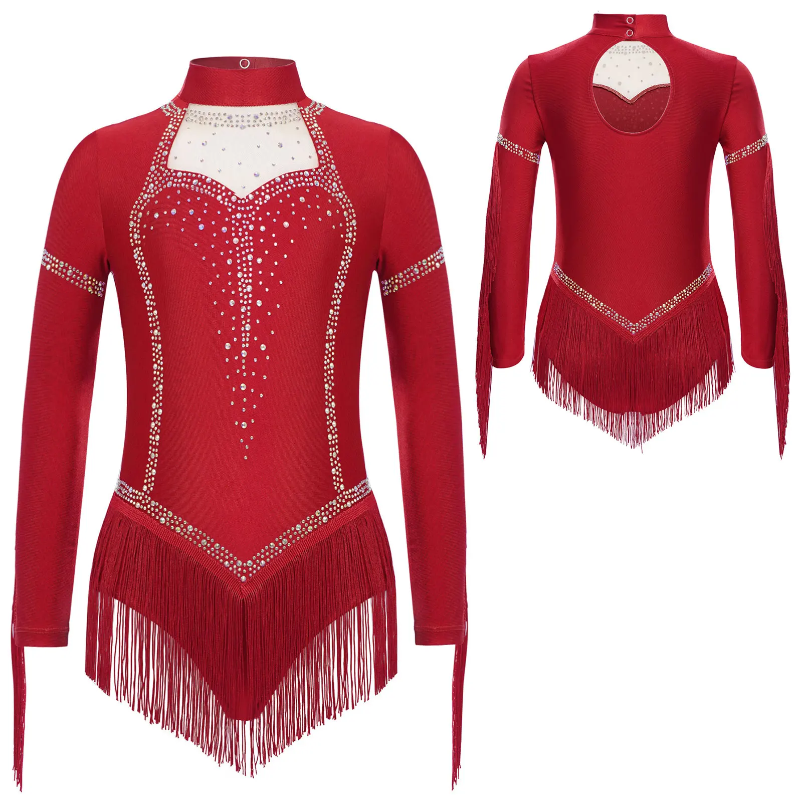 Girls Tassels Latin Dance Leotard Cha-Cha Performance Costume Long Sleeve Rhinestones Fringe Ballroom Samba Dance Leotard Dress