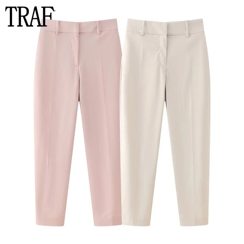 TRAF 2024 Pencil Pants Women Pink Mid Rise Woman Trousers Summer Retro Office Pants Women Streetwear Minimalist Women\'s Pants