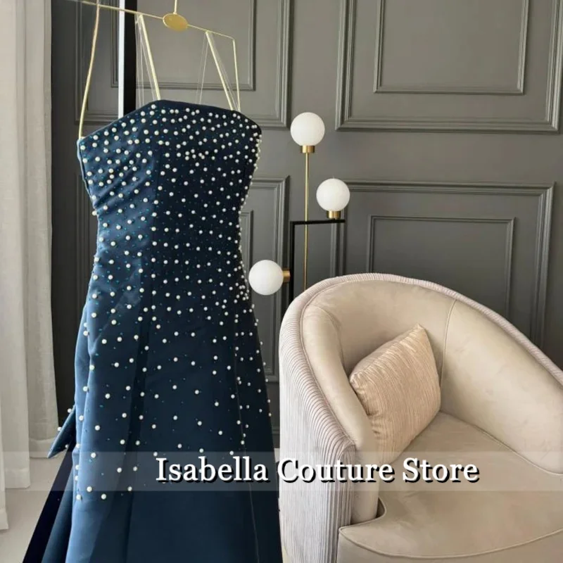 فستان سهرة أزرق ساحر من فيستدوس دي نوش بدون حمالات على شكل حرف a بدون أكمام مع فستان حفل بتفاصيل كريستالية مخصص #3