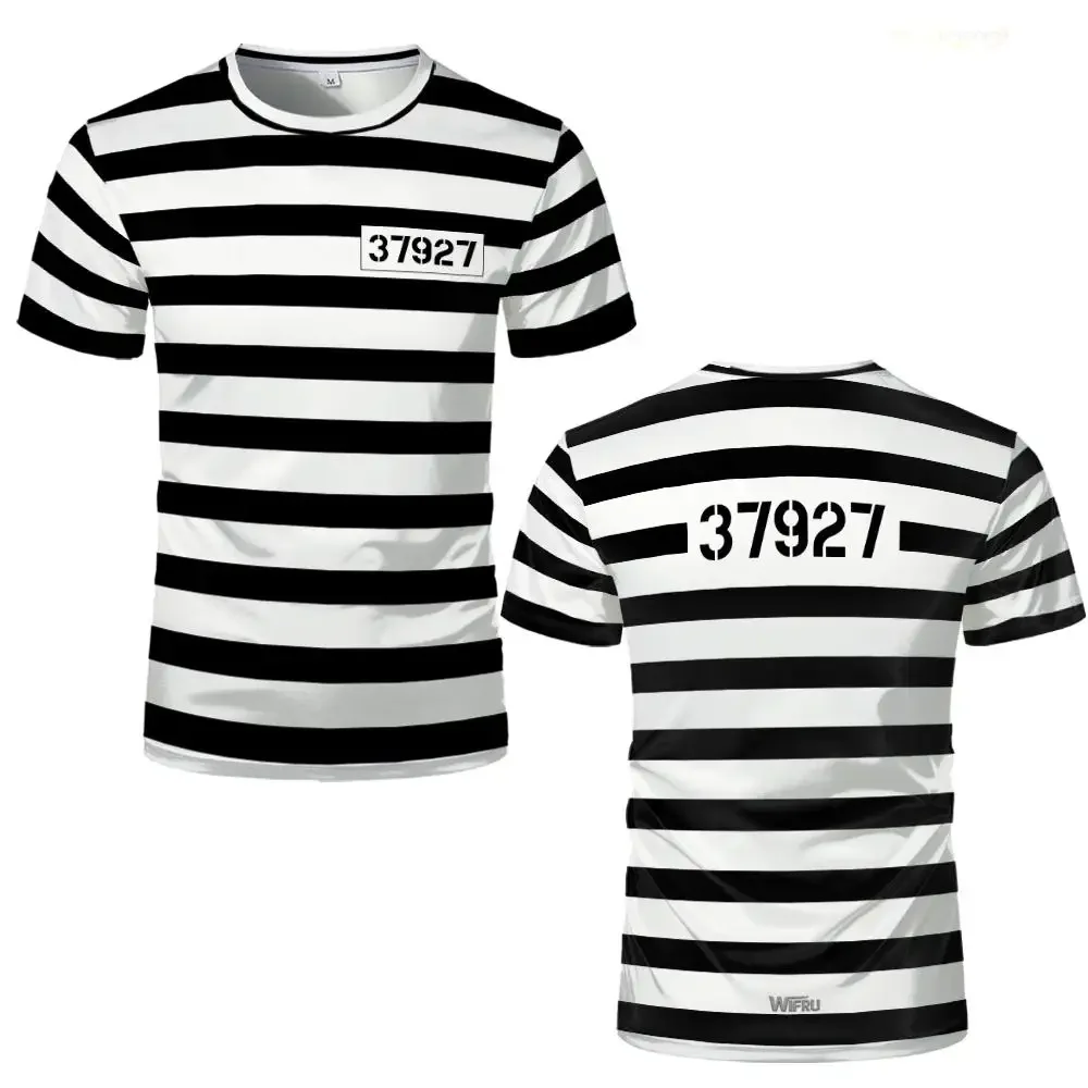 2026 New Prisoner Striped T-Shirt Black White Prison Theme Fun And Novel Short Sleeve Men's And Women's Party Cosplay Costumes