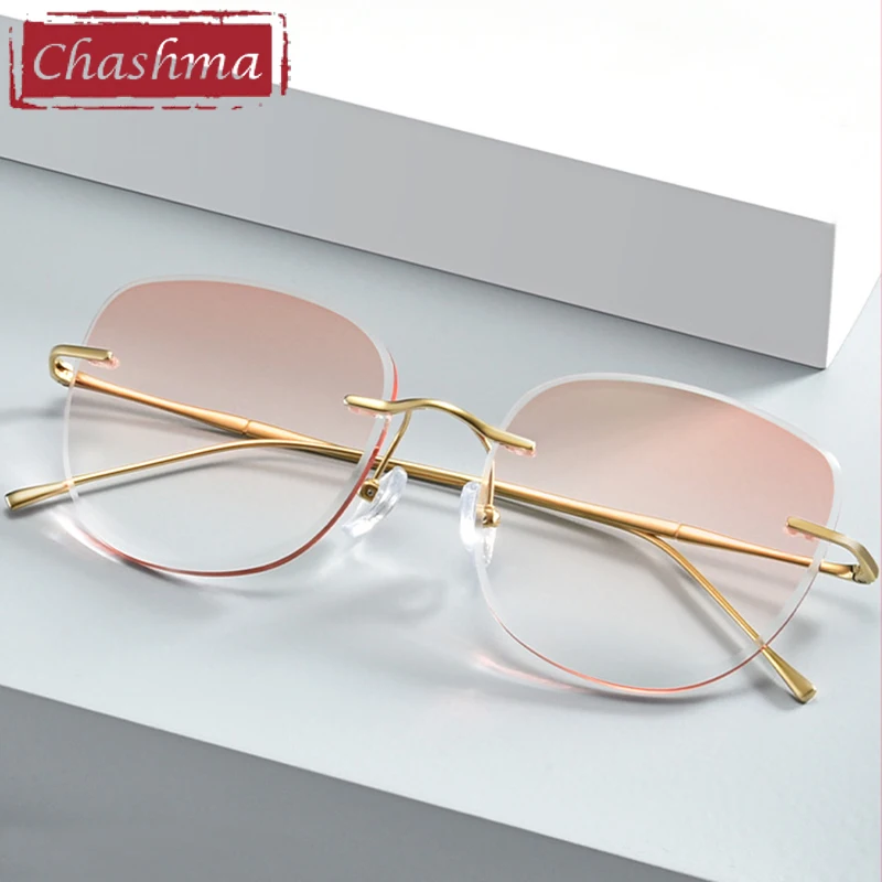 Chashma Prescription Glasses Optical Women Square Rimless Eyeglasses Pure Titanium Recipe Tint Colored Lenses for Progressive