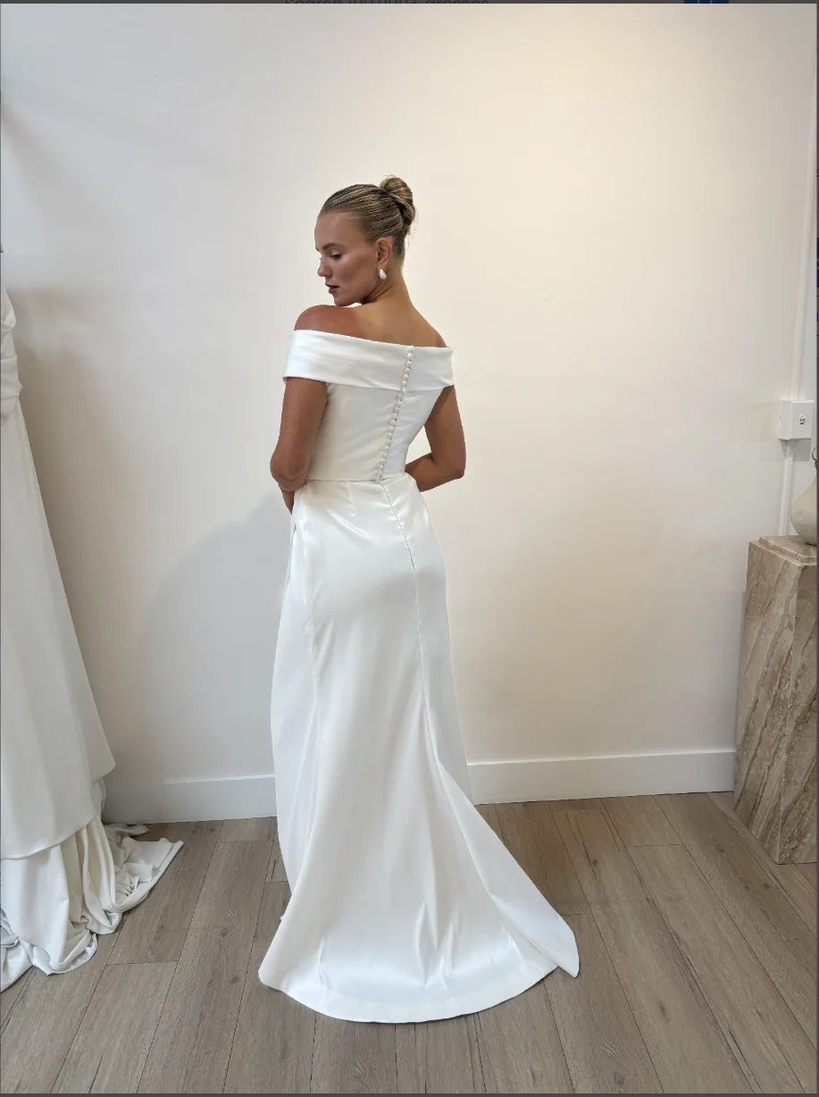 Custom Off Shoulder Satin Wedding Dress Detachable Overskirt Ruched Bodice High Slit Back Button Bridal Gown With Long Train