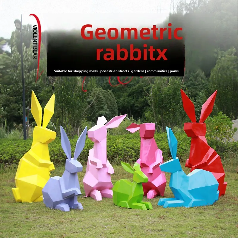 %*f Handmade Customizable Modern Minimalist Fiberglass Geometric Rabbit Animal Sculpture for Garden & Shopping Mall Decor