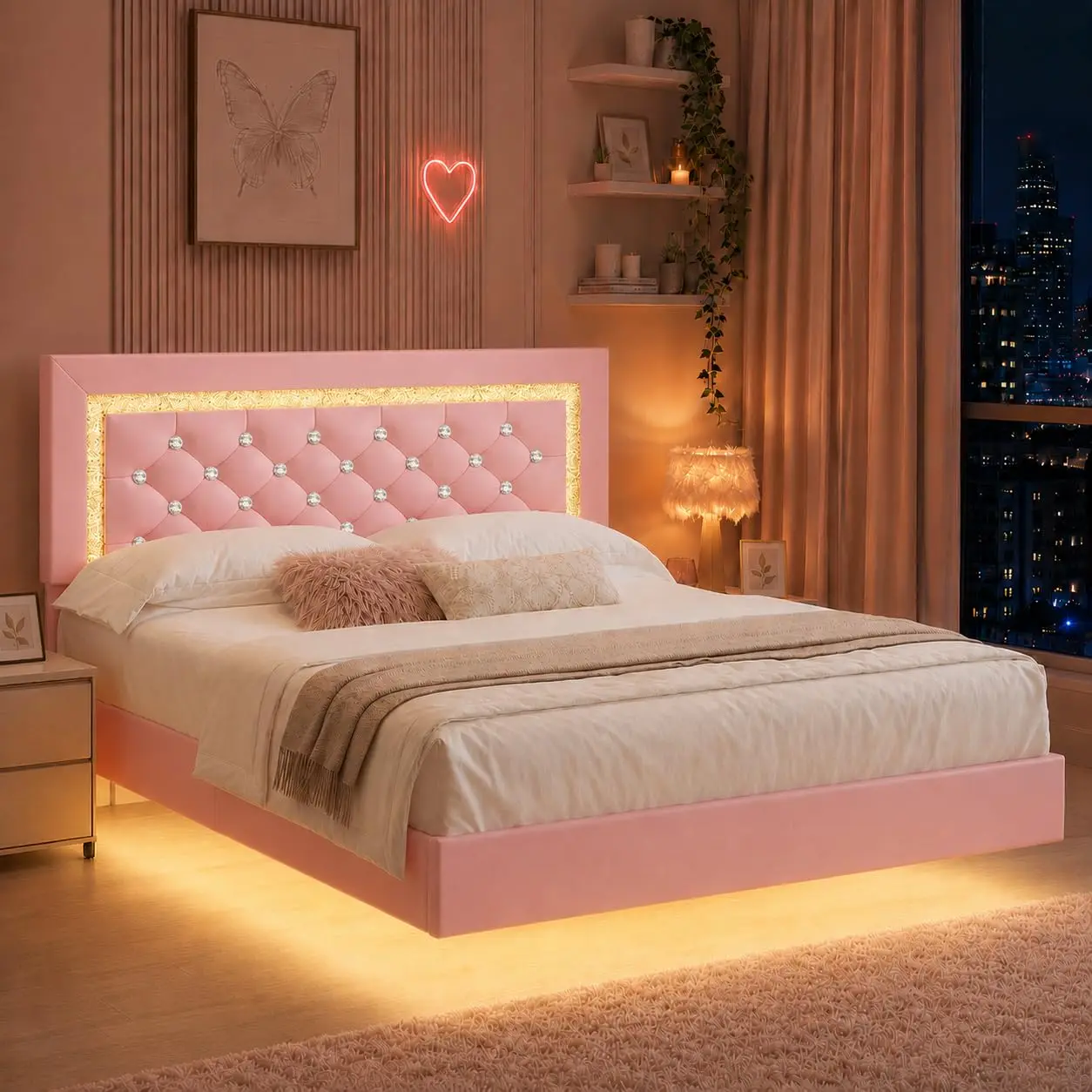 Floating Bed Frame Full with LED Lights and Diamond Headboard,Pink |  Upholstered Bed Frame, No Box Spring Needed,, Customized