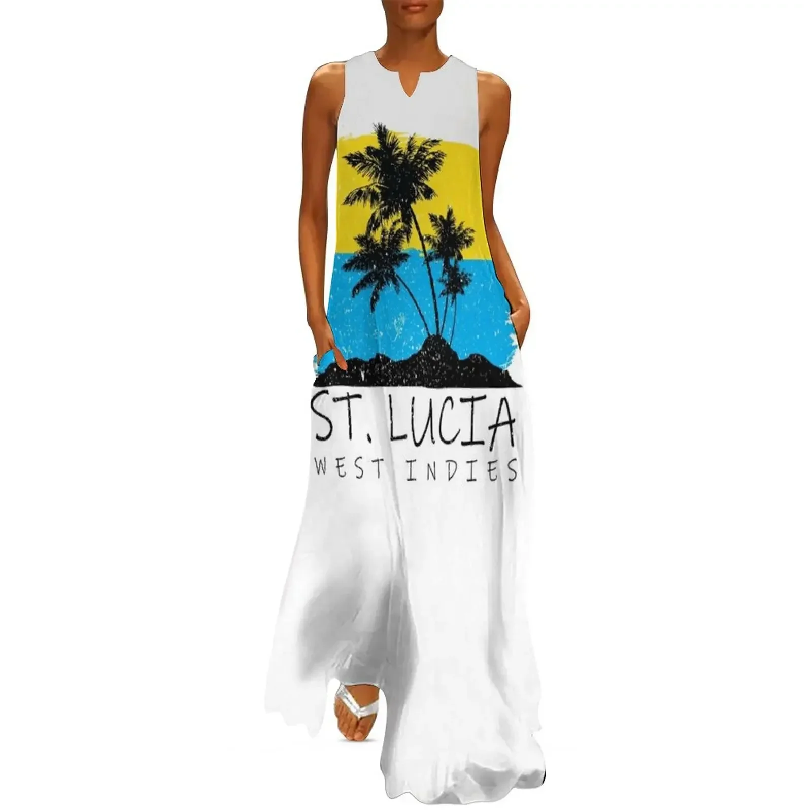 

St Lucia National Colours in Background of Palm silhouette Long Dress summer women's suit Dress