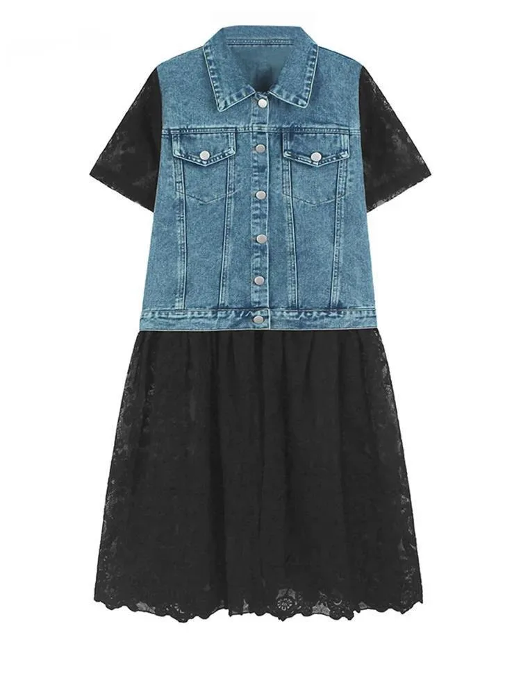

Women Black Denim Color-block Lace Big Size Shirt Dress New Lapel Short Sleeve Fashion Tide Spring Summer