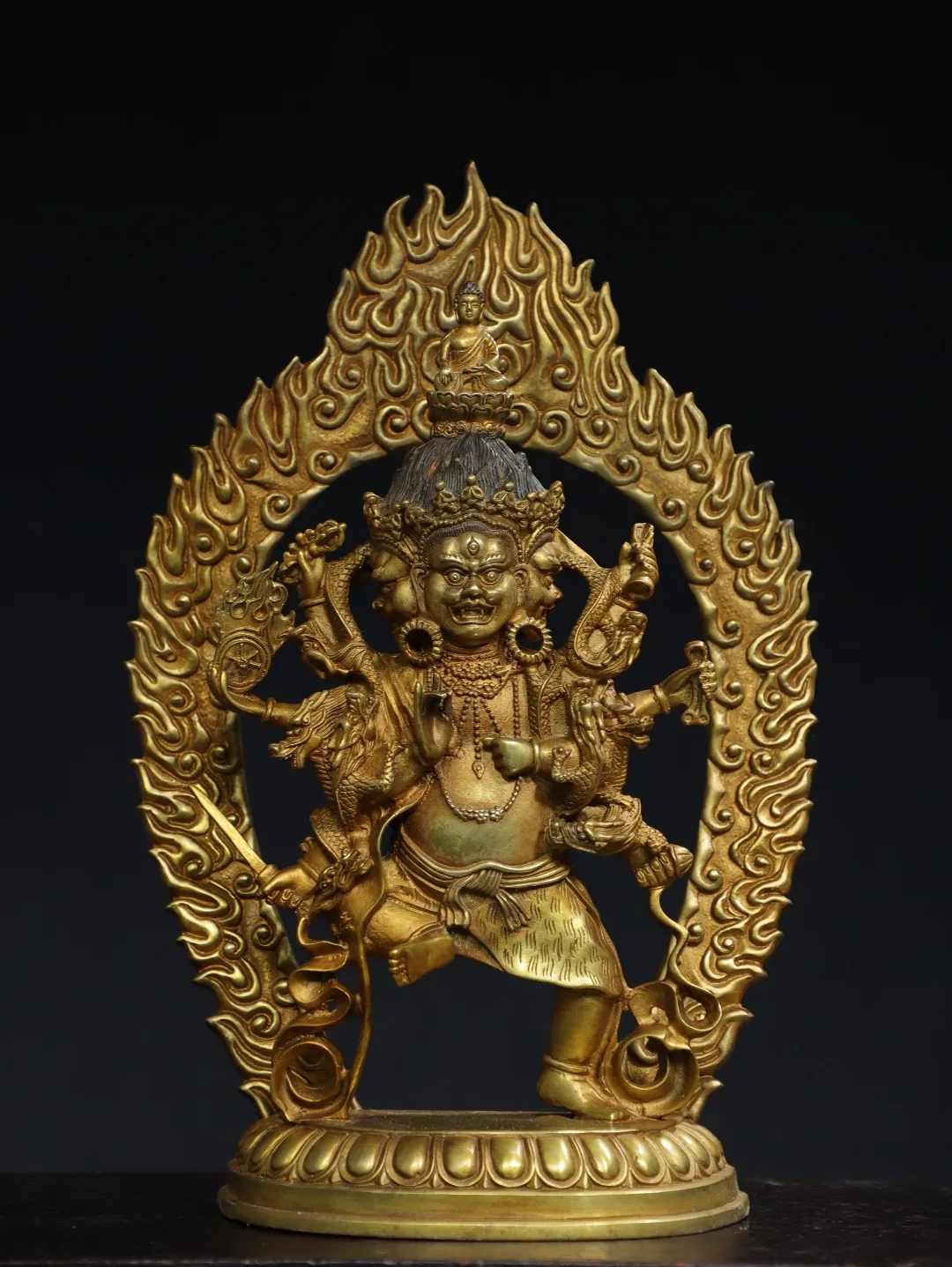 

13"Tibetan Temple Collection Old Bronze Gilded Six armed Mahakala Standing Buddha Backlight Lotus Terrace Worship Hall