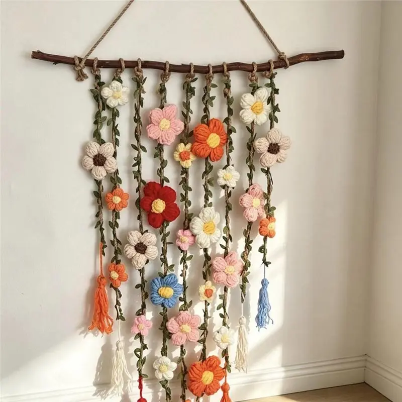 AWAH Floral Wall Art For Home Bedroom Decor, Handmade Crochet Flower Vine Wall Hanging, Boho Tapestry
