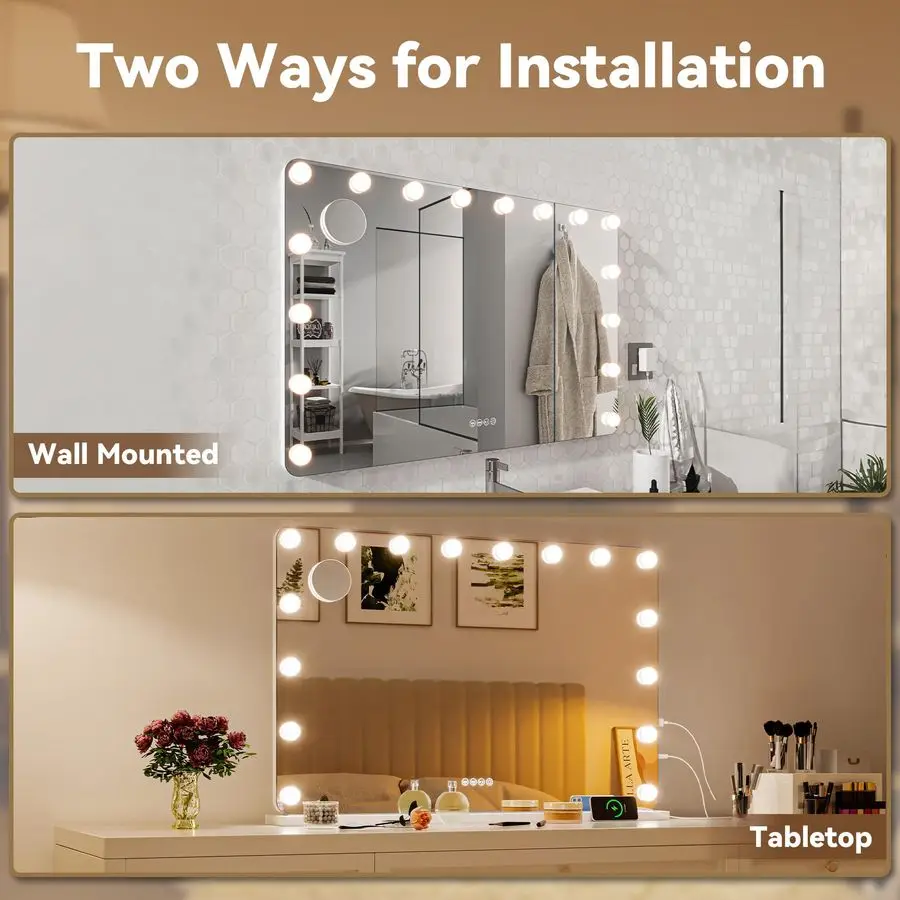 مرآة مكياج LED مع مكبر صوت بلوتوث، مرآة مكياج 28 × 20 مع أضواء وتكبير، مرآة هوليوود مع 3 ألوان