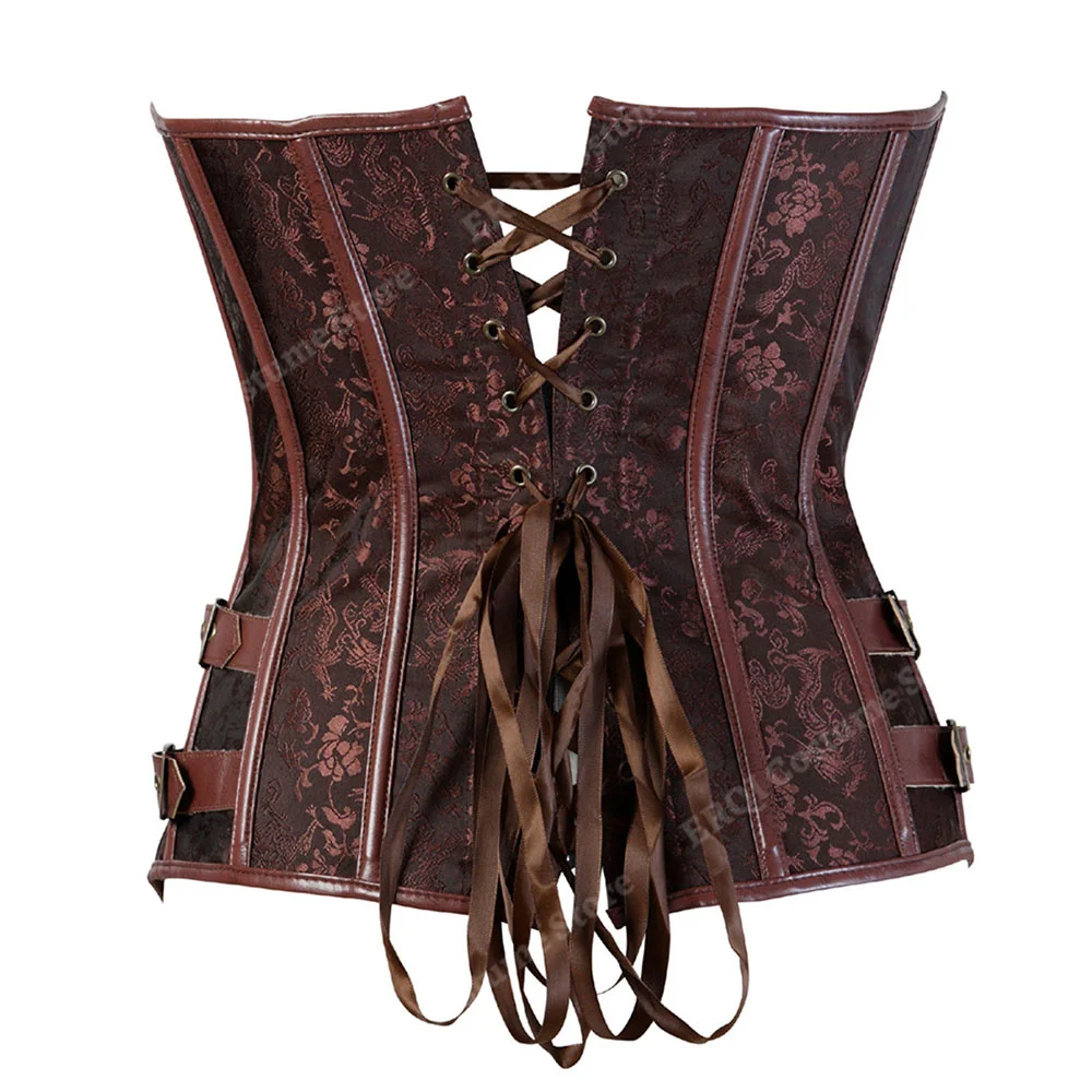 Steampunk-Korsett für Damen, Übergröße, Piraten-Korsett, Oberteil, Überbrust, Halloween, Schnürkostüm, Gothic, Steampunk-Korsett, Metallic, Rot, Braun – Detail 11