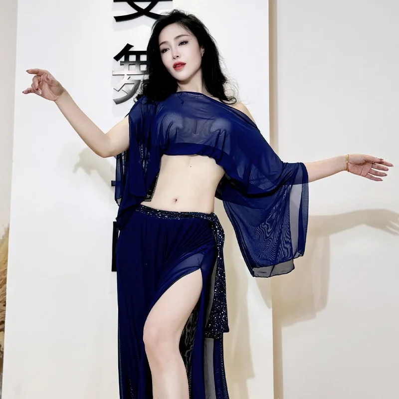 

Customized Belly Dance costume Practice Dress Hidden Blue Double Layer Mesh Wide Leg Pants Set Bat Sleeve Sexy Oriental Dance