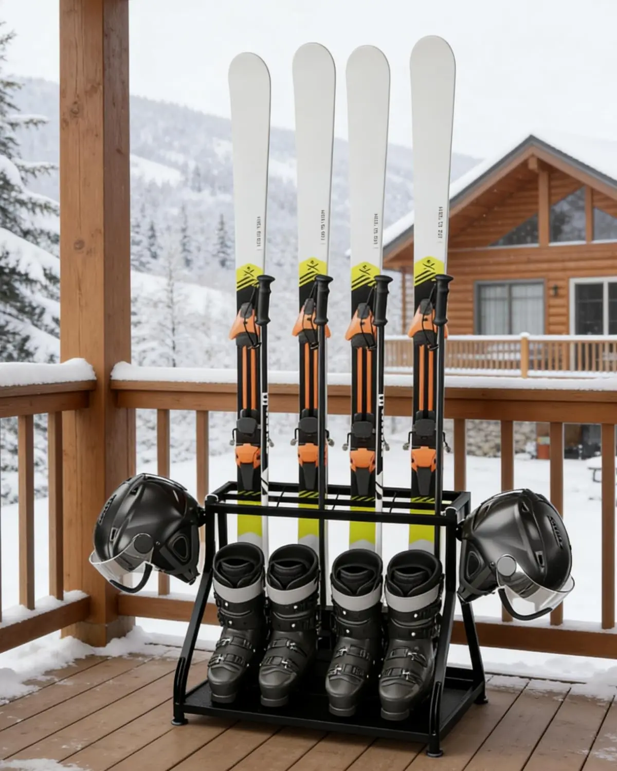 

Freestanding Heavy Duty Steel Ski & Snowboard Storage Rack for 4 Pairs – Multi-function Organizer for Garage, Basement, Entryway