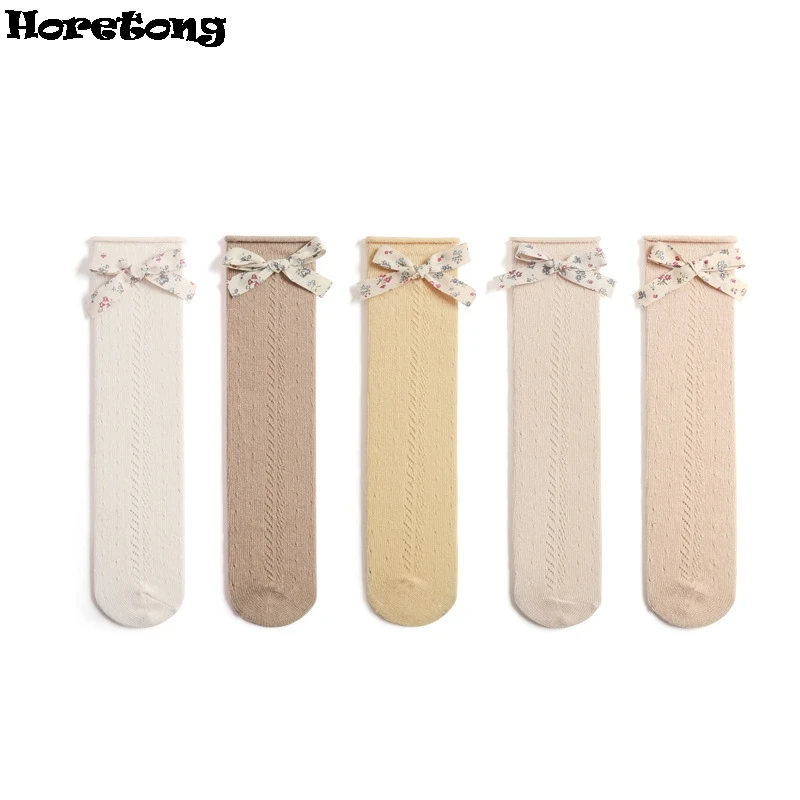 Horetong New Summer Baby Knee High Socks Kids Girls Bow Long Sock Soft Cotton Breathable Children Hollow Socken For 0-7 Years