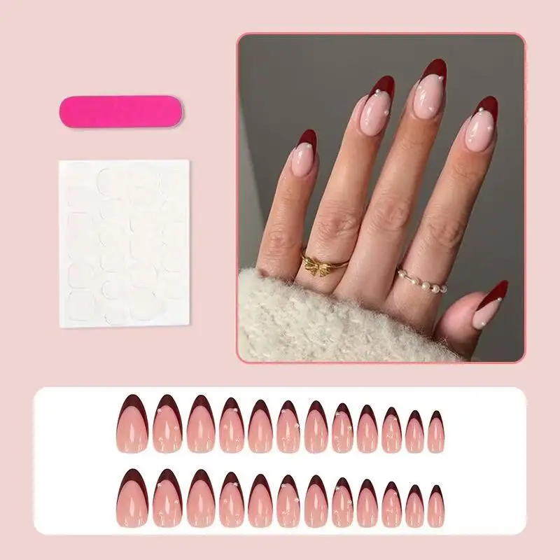 24PCS Classic burgundy nail set paired with French pointed fake nails and adorned with mini sequined pearls view 2