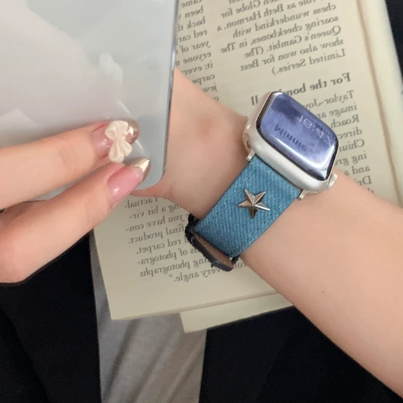 Корейский кожаный ремешок Y2k для Apple Watch, джинсовый браслет для девушек iWatch Series 9 8 7 6 5 SE 4 3, 41 мм 49 мм 45 мм 44 мм 40 мм