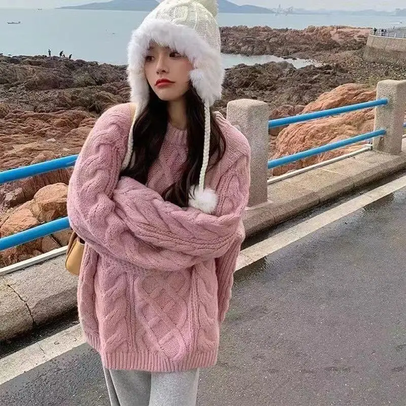 

Осенне-зимний модный универсальный мягкий восковой свитер, женский свободный толстый однотонный пуловер с жареным тестом, вязаный стиль с напуском